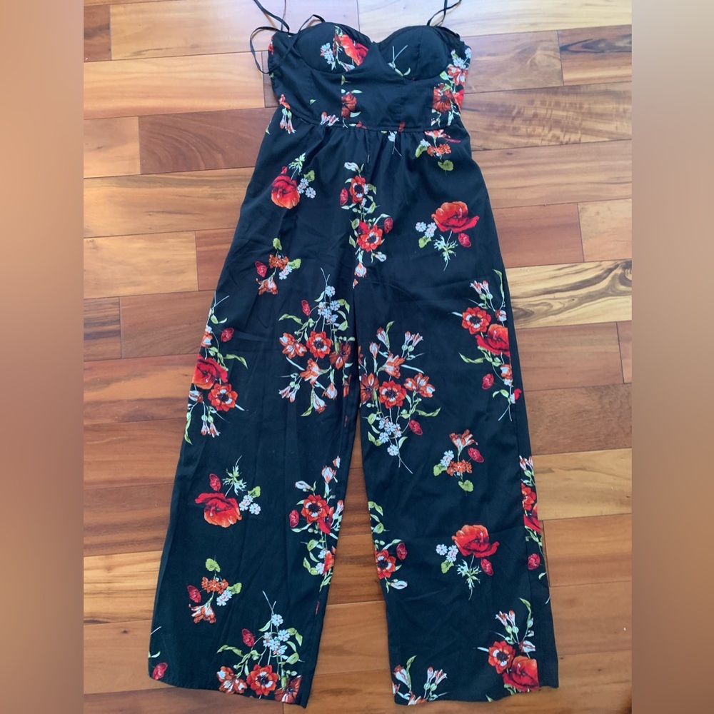 Band Of Gypsies Jumpsuit Sleeveless Smocked Straight Leg Floral Blue Size Large
